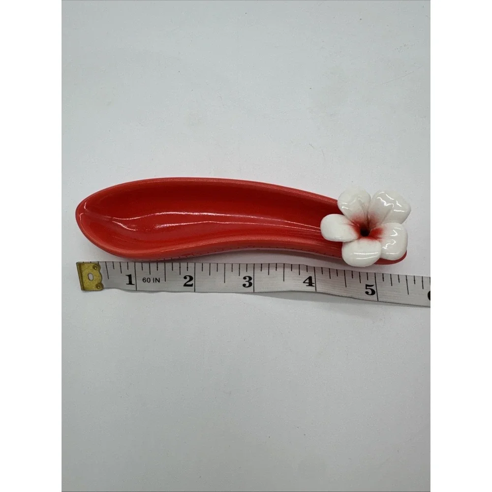 Vintage Red White Tropical Flower Spoon Rest Trinket Dish Hawaiian Style Small‎